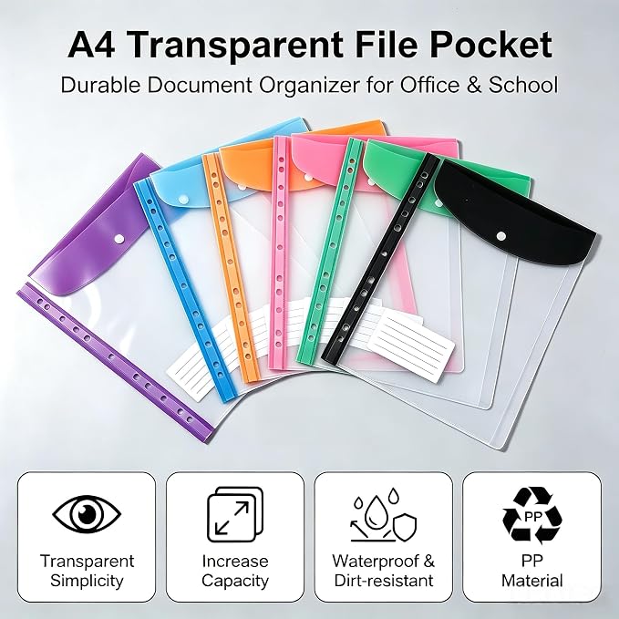 12 Pack Expandable Plastic Envelopes Binder Pocket, 11 Hole Expanding File Pockets for 2/3/4 Ring Document Pouch with Snap Button & Label, Loose-Leaf Transparent for School Home Office