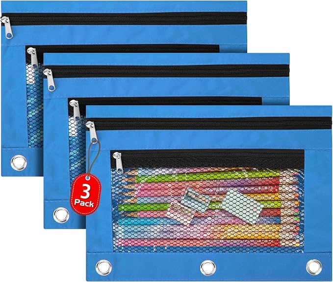IKAYAS 3 Pack Pencil Pouch for 3 Ring Binder, Zipper Bags for Classroom, Box Case for Storing School Students Teacher Supplies, Sky Blue