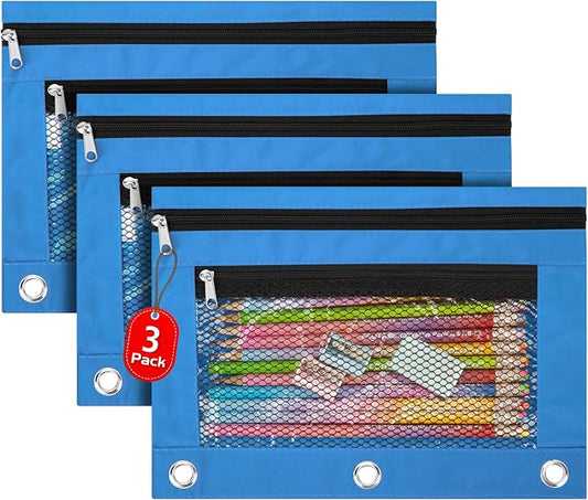 IKAYAS 3 Pack Pencil Pouch for 3 Ring Binder, Zipper Bags for Classroom, Box Case for Storing School Students Teacher Supplies, Sky Blue