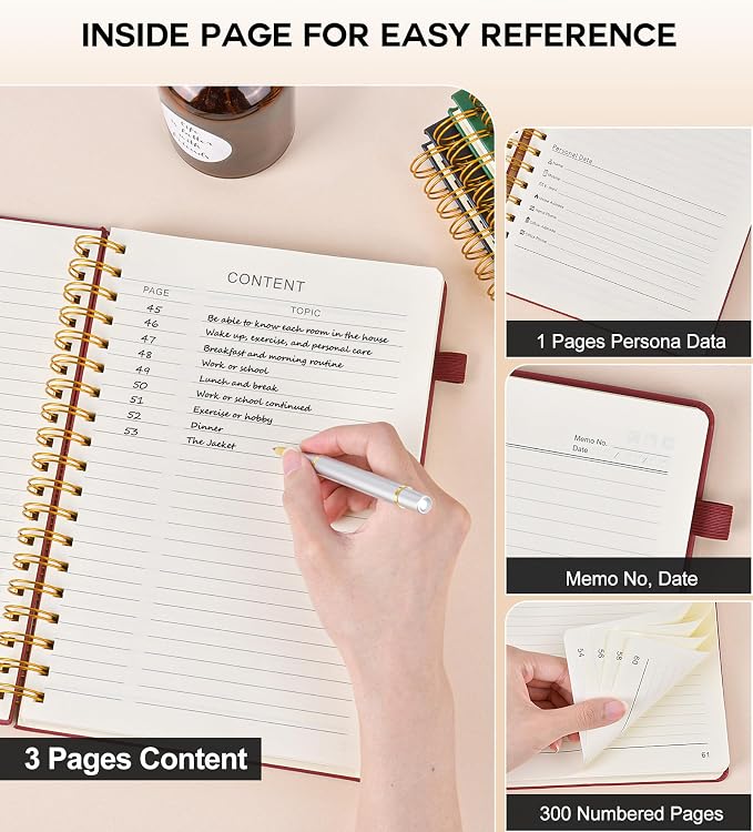 PERCUN B5 Spiral Notebook 300 Numbered Lined Pages Hardcover Journal 7"x10" | College Ruled Spiral Bound Notebook with Tabs, Large Leather Journal for Women Men, Work, School, Travel,Writing,Note Taking