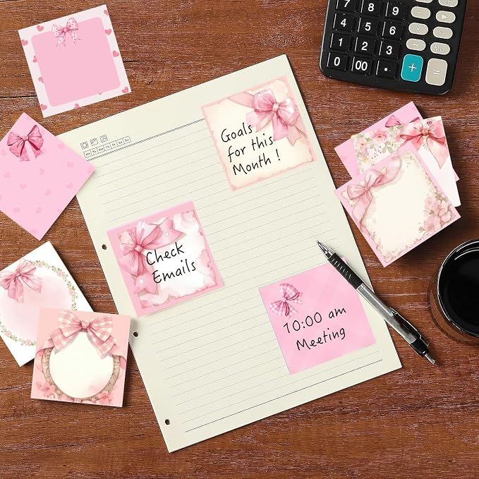 9 Pads Pink Bow Sticky Notes Set, Cute Self-Stick Notepads, Super Adhesive Memo Pads Note Card, Office Decor Gifts, Desk Accessories for Students, School Supplies for Girls, 3x3in
