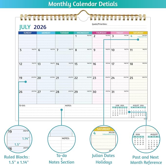 Wall Calendar 2026-2028 – Jul 2026 – Jun 2028, 2 Year Calendar 2026-2028, 11 x 8.5 In, 2026 Calendar 24 Months, Small Monthly Calendar with Ruled Blocks, Thick Paper, Holidays, To-dos ＆ Notes