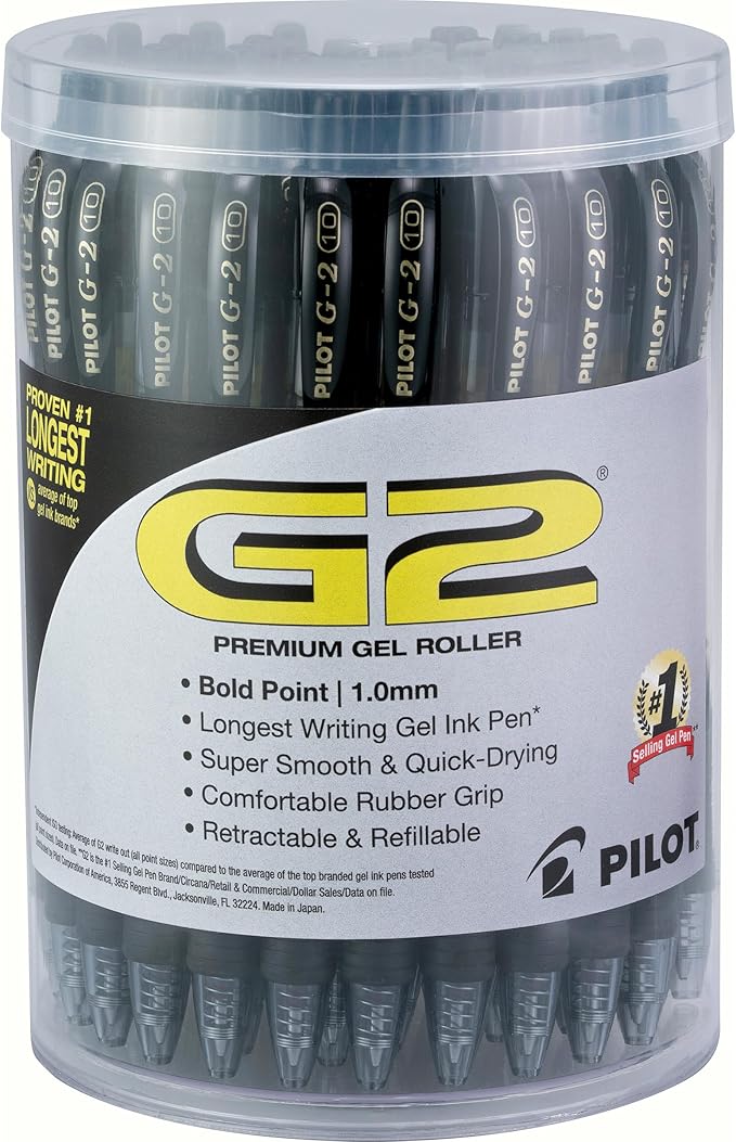 Pilot G2 Premium Gel Pens, Black Pens, Bold Point 1 mm, Black Ink, Tub of 48