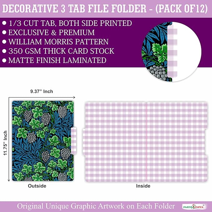 PARTH IMPEX 12 Pack William Morris Decorative File Folders, Letter Size | with Assorted Positions, 1/3 Cut Tab Paper Holders (9.75” x 11.75”) Matte Finish Laminated for Office School Work