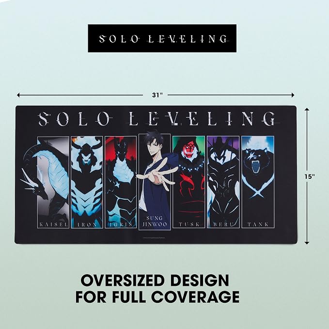 Solo Leveling Large Gaming Mouse Pad 31"x15" XL Computer Desk Mat, Anime | Oversized 31x15in Solo Leveling anime gaming mouse pad, smooth fabric top, stitched edges, non-slip rubber base.