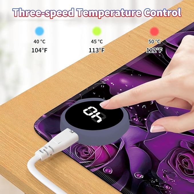 Heated Desk Pad Large Mouse Pad 31.5 x 13 inch with 3 Levels Heating & Auto Shut-Off Warm Mouse pad PU Leather Computer Mousepad for Home Office Work - Purple Rose Flowers