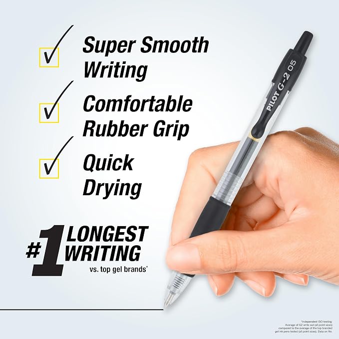 Pilot G2 Premium Gel Roller Pens, Extra Fine Point 0.5 mm, Gel Pens Black, Pack of 5 - Ideal for School, Journaling & Office Writing