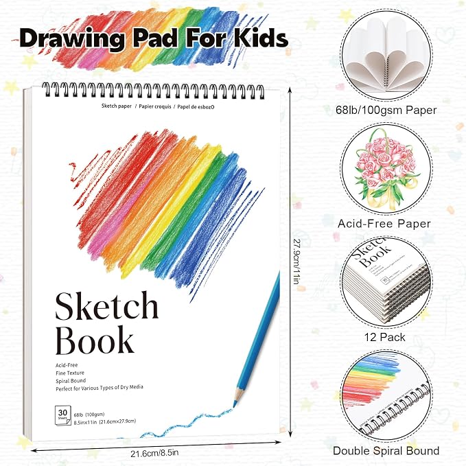 12 Pack Sketch Books, 8.5 x 11 Inch Mini Sketchbook, 68lb/100gsm Spiral Bound Small Sketch Pad, Acid Free Art Supplies Drawing Painting Sketchbook for Kids, Beginners, Artists & Easter Gift