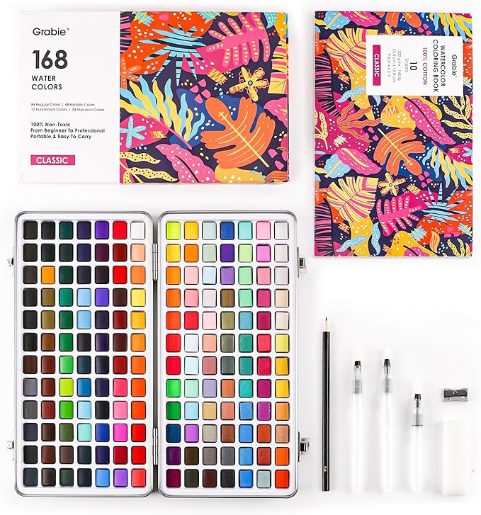 Grabie Watercolor Paint Set, Watercolor Paints, 168 Colors, Painting Set with Coloring Book, Water Brushes and Drawing Pencil, Art Supplies, Perfect Starter Kit for Watercolor Painting, Set of 168