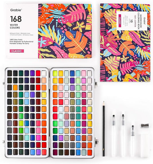 Grabie Watercolor Paint Set, Watercolor Paints, 168 Colors, Painting Set with Coloring Book, Water Brushes and Drawing Pencil, Art Supplies, Perfect Starter Kit for Watercolor Painting, Set of 168
