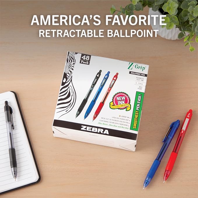 Zebra Pen Z-Grip Retractable Ballpoint Pen, Smooth-Flowing Black/Blue/Red Ink, 1.0mm Medium Point, School & Office Supplies, Ideal for Note-Taking, Journal and Planner Use, 48-Pack (22048)