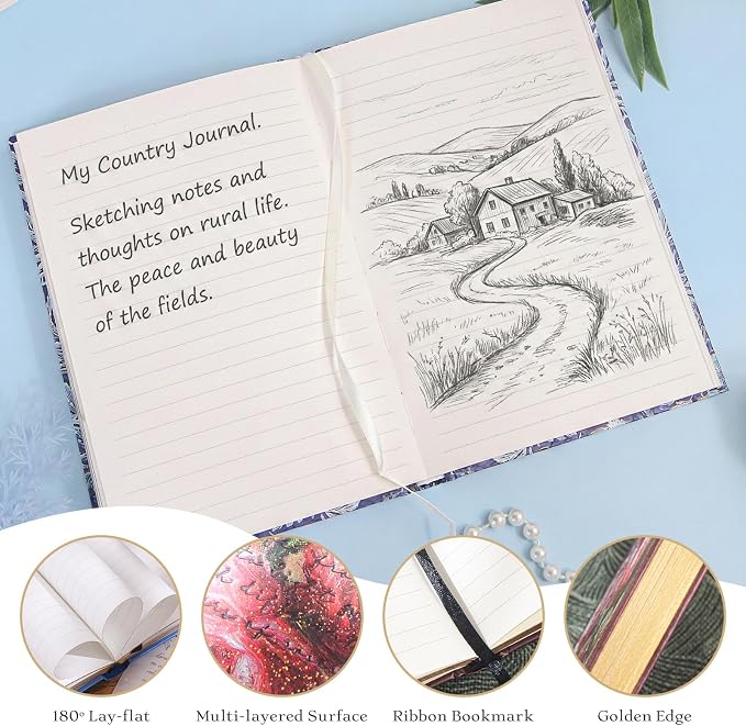 Hardcover Lined Journal - 224 Pages 100GSM Thick Paper A5 Notebook Rose Feast Art Diary for Mother Women Girls A5 College Ruled Notebook with Gilded Edges & Gold Foil, 5.6 x 8.2 in