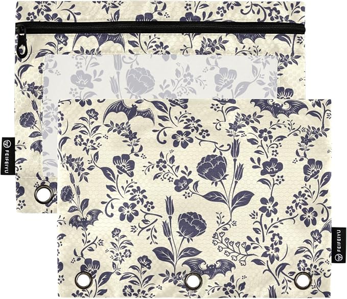 Goth Bat Pencil Pouches for 3 Ring Binder 2 Pack | Binder Pencil Case With Zipper Reinforced GrommetsPencil Bags for Office Organizers