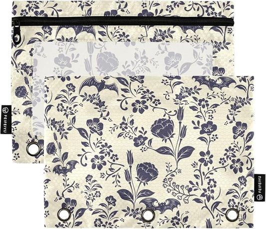 Goth Bat Pencil Pouches for 3 Ring Binder 2 Pack | Binder Pencil Case With Zipper Reinforced GrommetsPencil Bags for Office Organizers