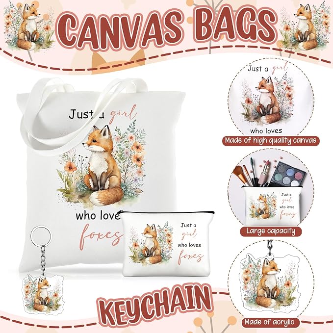 Kinlop 5 Pcs Foxes Gifts for Women Include Just a Girl Who Loves Foxes Tote Bag Canvas Cosmetic Bag Coil Notebook Keychain and Ballpoint Pen for Women Girls