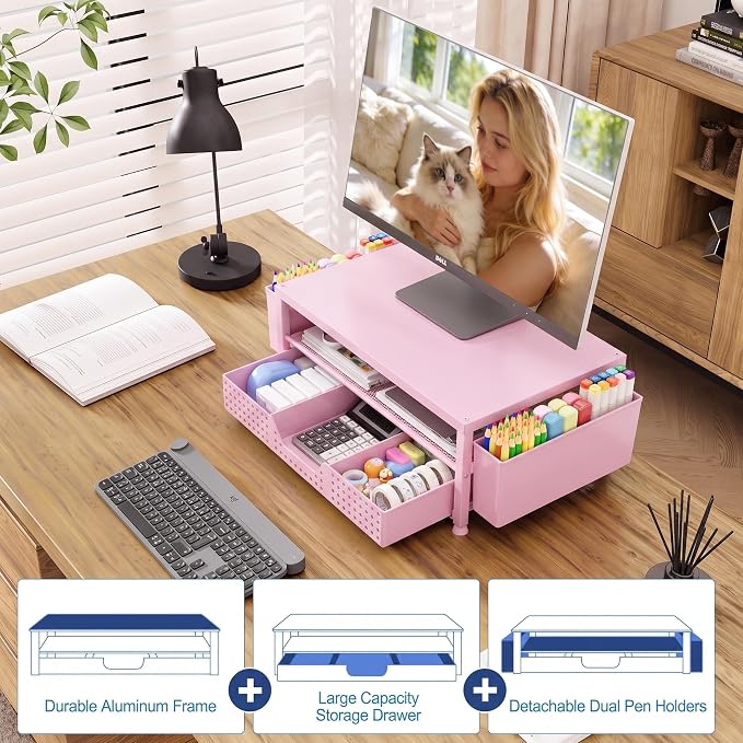 OPNICE Desk Organizers and Accessories, 2-Tier Computer Monitor Stand Riser with Drawer and 2 Pen Holders, Laptop Stand, Office Desk Accessories for Office Supplies, Pink