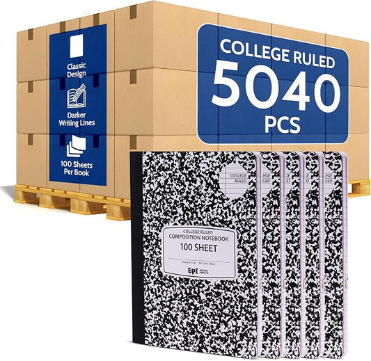 5040 Pack (Pallet) EPI College Ruled Composition Notebook Bulk, 200 pages (100 Sheets), 9-3/4 x 7-1/2, Black Marble, Bulk School Supplies, Heavy Duty, Durable Office Notebooks, Sturdy Sewn Binding