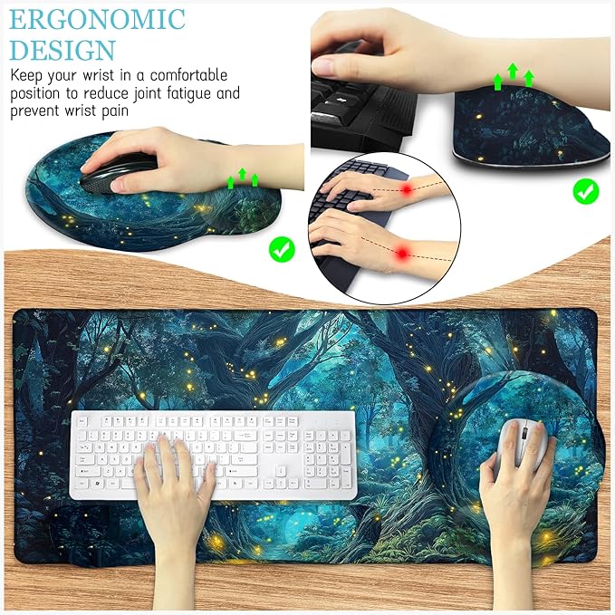 LIMKRIAN Mouse Pad with Wrist Rest, Firefly Forest Computer Desk Mat Set | Ergonomic Wrist Rest for Computer Keyboard, Large Mouse Pads for Desk Gaming, Cute Aesthetics Home Office Desk Accessories
