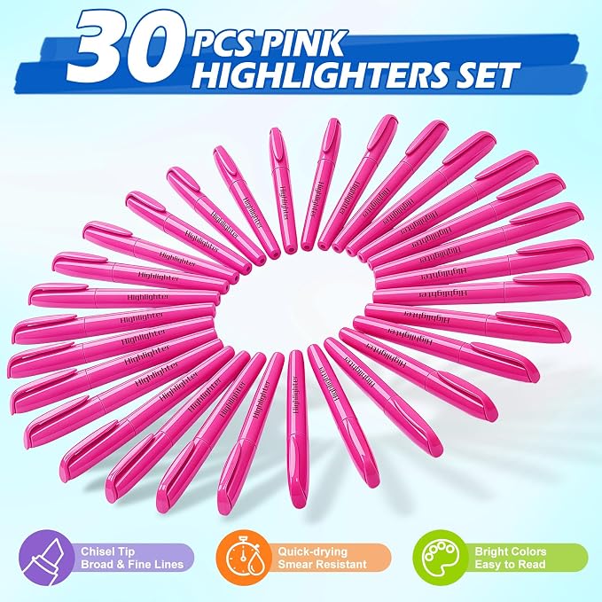 Duchong Highlighters, 30 Packs Pink Highlighter Bright Colors Bulk, Chisel Tip Dry-Quickly No Bleed Highlighter Markers for Adults Kids, Office Classroom Must Have, School Supplies for Teachers