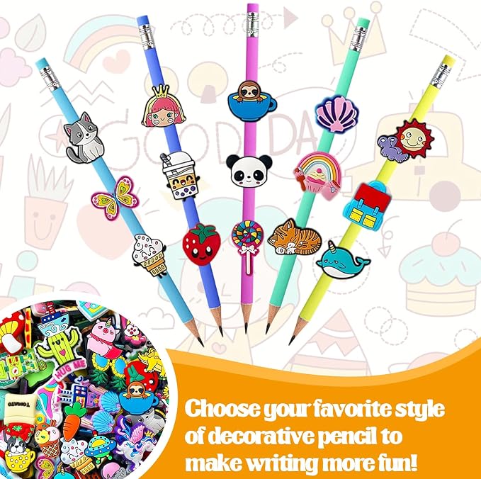 100 Pcs Cute Pencil Topper Decor,Mixed Different Style Lovely Pencil Clips | Pencil Topper Decoation,Bulk Pen Toppers Charm Accessories for Kids,Classroom Rewards Prizes Present for Students, medium