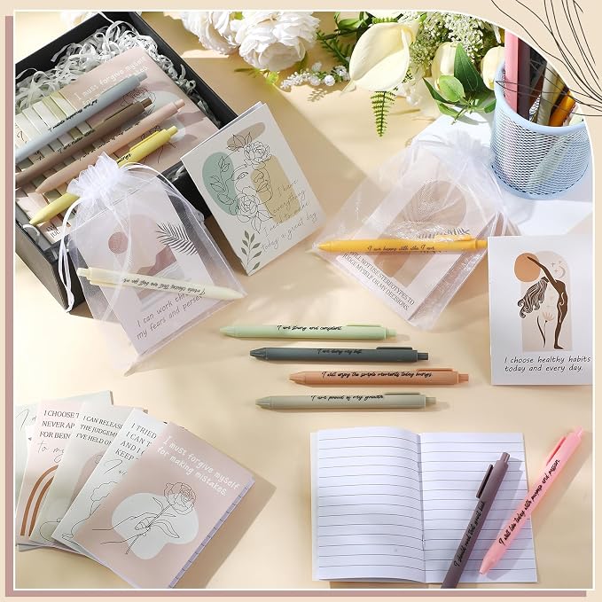 Mooliwe 48 Pcs Positive Affirmation Gift Set Gratitude Notebooks with Pens Small Bags Motivational Encouragement Notepads Daily Affirmations Journal for Women Stress Relief Self Care (Boho)