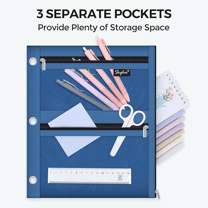 SKYDUE Binder Pencil Pouch for 3 Ring Binder, 3 Compartment Zipper Case, Large Capacity Pen Organizer with Clear PVC Window for School Supplies, Students, Kids & Teachers