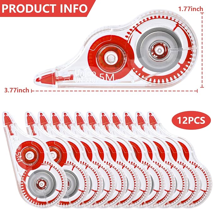 Unjoo White Correction Tape, For school, Office (12pack, 5M/196"x0.2", Red) | Easy To Use Applicator for Instant Corrections Wrong Writing At Any Time, Tear-Resistant Correction tape Bulk