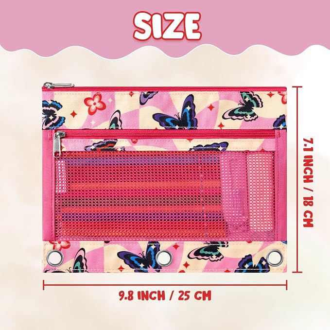 WAWSAM Butterfly 3 Ring Pencil Pouch, Zipper Pencil Pouch for Girls | 2 Pocket Clear Window Pencil Case, Pencil Pouch for 3 Ring Binder, Pencil Bags for School Supplies, Office, College