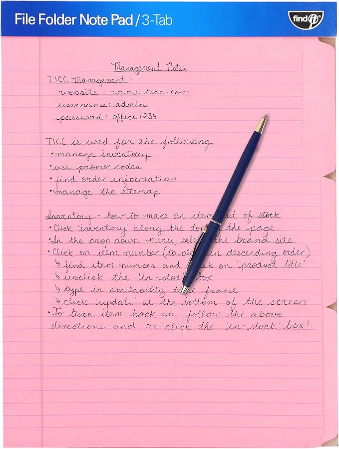 Find It File Folder Notepad, 36-Ct 3rd-Cut Tab Organizer Folders, Pink | Wide-ruled clipboard-style pages, tear-out perforated sheets, great for office, home, and school filing organization