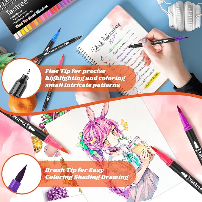 Taotree 120 Colors Dual Tip Art Markers Pens for Adult Coloring Book | Artist Fine & Brush Tip Coloring Markers Set Drawing Pens Craft Art Supplies for Journaling Note Taking Lettering Calligraphy