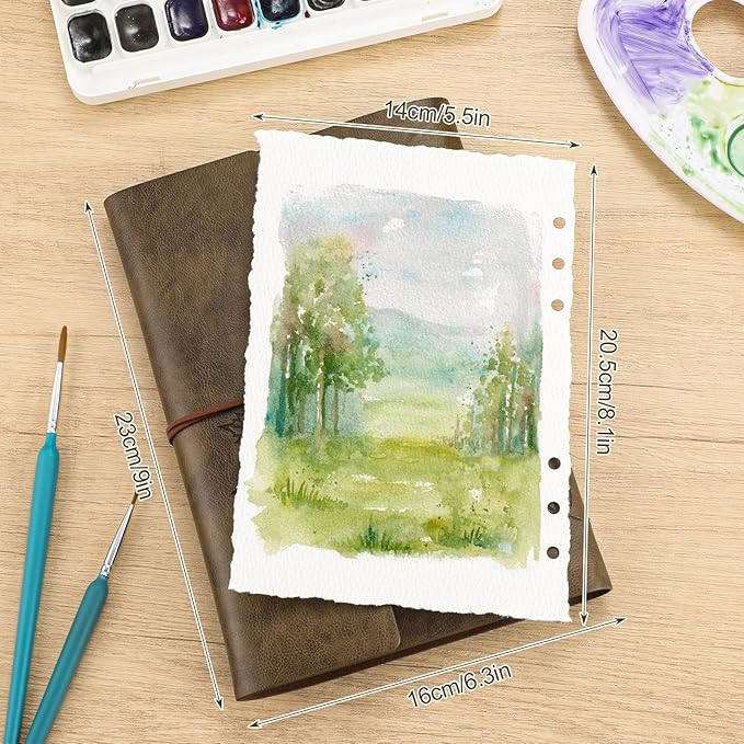 Vintage Watercolor Sketchbook, 140 Lb Cold Press Deckle Edge, 6.3 x 9 in | 24 Sheets, Brown Leather Cover, Ring Bound, Good Water Absorption, for Painting Drawing Mixed Media