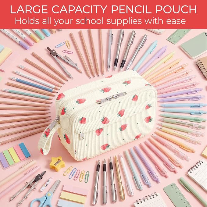 WOBAGMEN Cute Pencil Case,Large Corduroy Zippered Pencil Case Pouch, aesthetic Pencil Bag with Compartments, Pencil Pouch School Supplies (Tiny Strawberry)