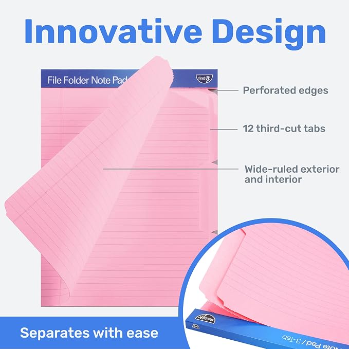 Find It File Folder Notepad, 12-Ct 3rd-Cut Tab Organizer Folders, Pink | Wide-ruled clipboard-style pages, tear-out perforated sheets, great for office, home, and school filing organization