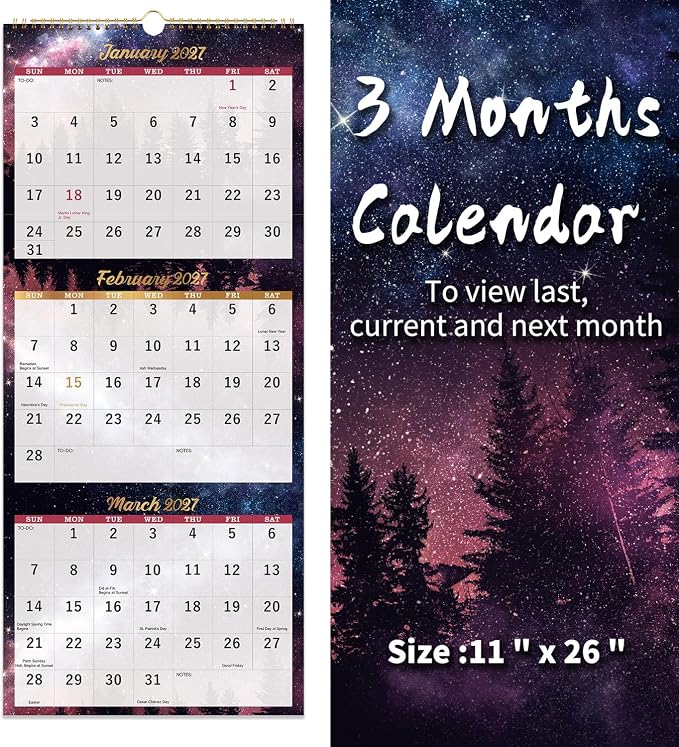 Calendar 2026-2027 - 3 Month Calendar, April 2026 - July 2027, 11"x 26" | 3 Month Wall Calendar Vertical Display (Folded in a Month), 2026-2027 Wall Calendar with Thick Paper, To-do & Notes - Green