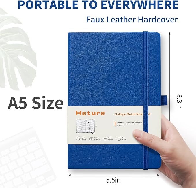 Heture Hardcover Notebooks, A5 Lined Journals Notebook for Writing 160 Pages, 8.2 x 5.5 inch, Classic Ruled Notebooks for College/Work/Travel (Blue, 1 Pack)