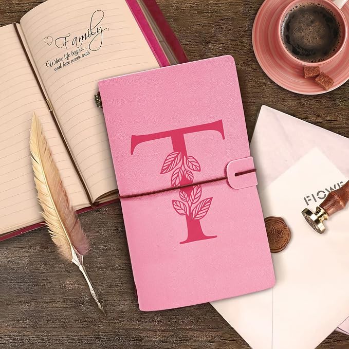 Personalized Journal Gift-Pink Initial Leather Journal+Heart Diamond Pen Set,Travel Notebook Diary Gifts,Refillable Notepads,Christmas,Birthday Gifts for Women Girls (7.9"x4.7") (T)