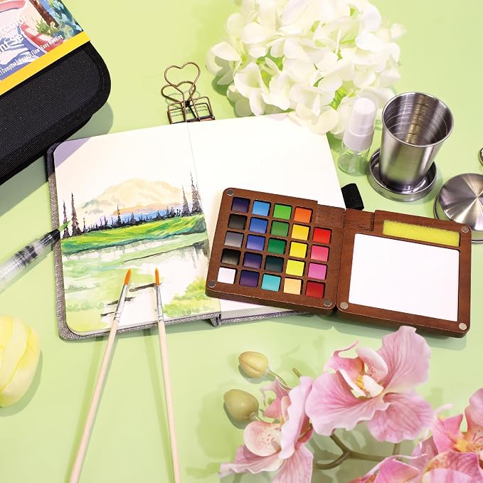 Pagather 24 Colors Mini Watercolor Travel Set, Portable Watercolor Kit with Water Brush, Pocket Size Painting Set for Beginners, Hobbyists & Artists