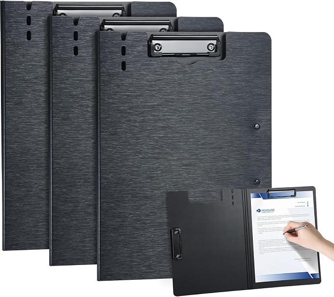 Clipboard Folder, with Dual Metal Clips, Embossed-Texture, Folding 360° Rotating, Nursing Clipboard for Letter and A4, Pen Holder (Black, 3)