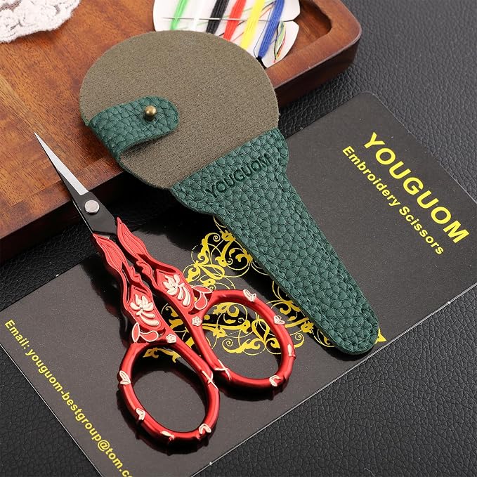 YOUGUOM Small Sewing Scissors with Cover, Needlework Shears | Sharp, Precision, Tiny Tip, for Embroidery, Craft, Crochet, Yarn, Scrapbook,Paper Cutting, Detail Thread Snips, Red