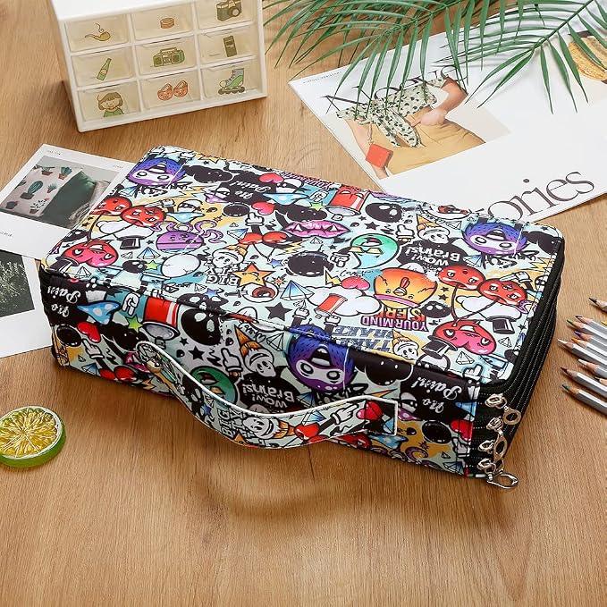 300 Slots Colored Pencil Case Organizer, 4 Layer Bag | Twill Oxford fabric,103 elastic loops,detachable handle,for travel,home storage,drawing tools,creative gifts