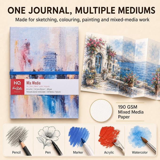 HQ Finestroke Panorama Mixed Media Journal, Zig Zag Fold Sketchbook, 6 x 8 Inches, Accordion Art Book, Canvas Cover, Pack of 3