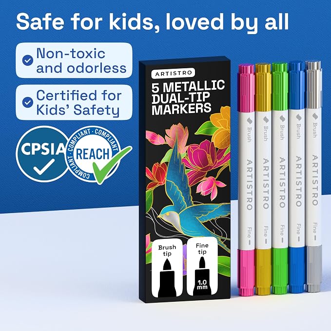 ARTISTRO 5 Metallic Acrylic Paint Markers - Paint Pens for Drawing - For Fabric, Rock, Glass, Wood, Molds - Arts & Crafts Gift for Adults, Teens, Kids, Classroom Must Haves & School Supplies