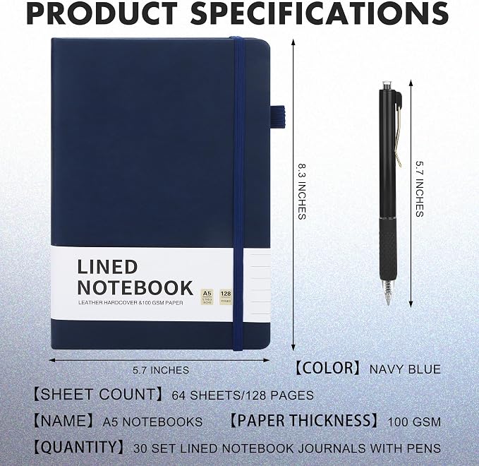 Aodaer 30 Set Lined Notebook Journals with Pens A5 Notebooks 100 GSM College Ruled Hardcover Notebook PU Leather Notepad with Pen Holder for Office School, 5.7 x 8.3 Inches, Navy Blue
