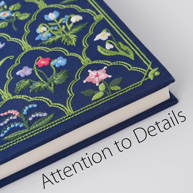 diodrio Luxury Embroidered Sketchbook for women 180gsm Premium Heavy Paper 92 Blank Pages, Keepsake Sketch Book with Floral Embroidery, 10.4" L x 8.25" W, Grosgrain Ribbon Bookmark, Lapis Blue, Size M