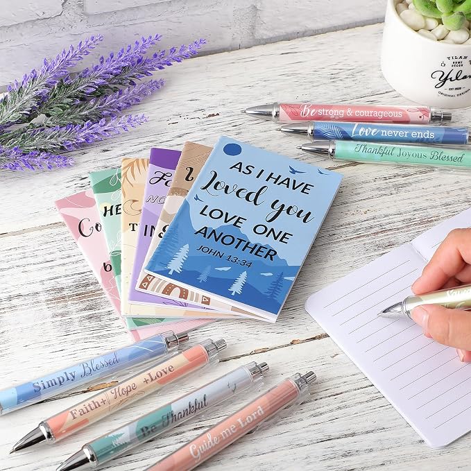Colarr 12 Sets Christian Bulk Gifts for Women Bible Verse Pens Notebooks Religious VBS Scripture Ballpoint Pens Bookmarks Journal for Easter Sunday School Church Inspirational Supply(Boho)