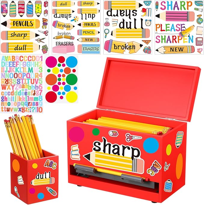 Mifoci 8 Pcs Wooden Pencil Dispenser Kit for Classroom Wooden Pen Holder Straw Dispenser Sharp and Dull Letter Stickers for Teachers Classroom Supplies Storage (Red)