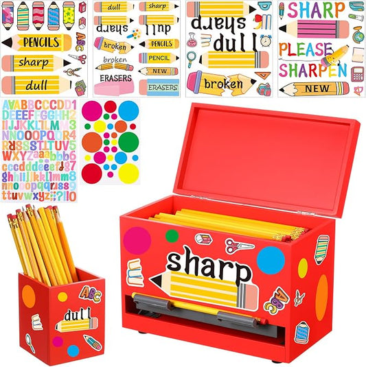 Mifoci 8 Pcs Wooden Pencil Dispenser Kit for Classroom Wooden Pen Holder Straw Dispenser Sharp and Dull Letter Stickers for Teachers Classroom Supplies Storage (Red)