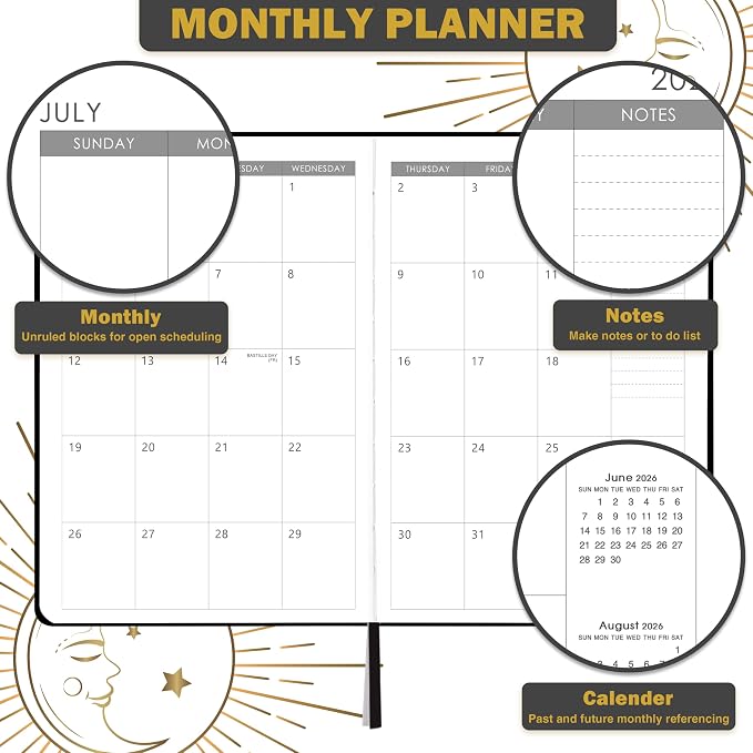 Planner 2026-2027 - Academic Planner 2026-2027, July 2026 - June 2027, 5.75" x 8.25", 2026-27 Weekly and Monthly Planner, Faux Leather planner 26-27 with Back Pocket & 40 Notes Pages - Moon