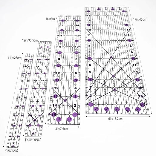 Quilting Rulers Sewing Ruler,Acrylic Quilting Ruler Templates,Precision Cutting Tools for Patchwork Fabric,Sewing Supplies Purple(6"X17",3"X16",1.5"X12",1"X11")
