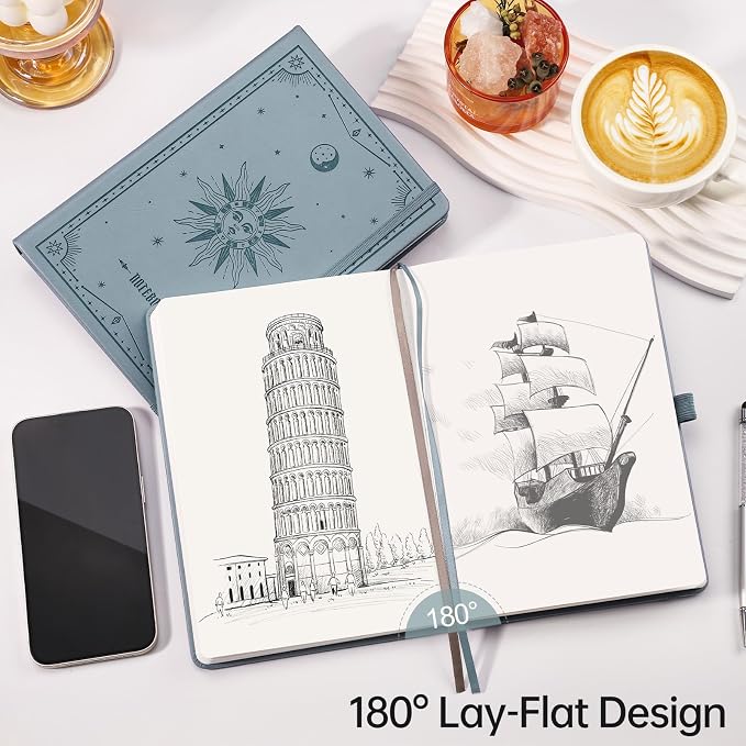 EMSHOI Blank Journal Notebook, 192 Pages, A5 Size (5.7'' x 8.3'') | Leather Hardcover, 100 GSM Thick Paper, Unlined, Plain, for Sketching, Drawing, Painting, Sun Debossed (Gray Blue)